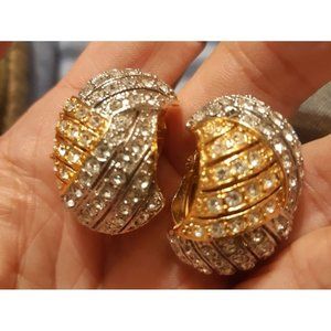 Vintage Earrings Clip On Glamour Rhinestone Heavy Unsigned Gold And Silver Toned